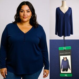 241 Mario Serrani Italy | NWT Navy V-Neck Henley Long Sleeve Top (Size XL) -soft